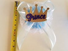 Load image into Gallery viewer, Baby Shower Mom To Be It&#39;s a Boy Sash with Prince Crown &amp; Blue Ribbon Corsage
