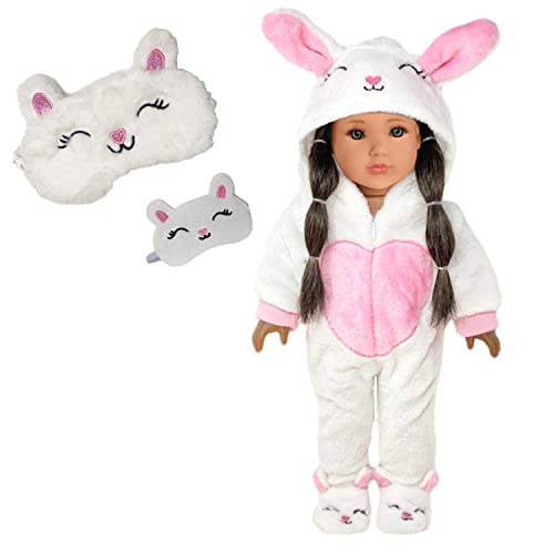 MY GENIUS DOLLS Clothes - Bunny Onesie Pajama with Matching Sleepover Masks - Clothes for 18 inch Dolls Like Our Generation, My Life. Accessories for Slumber Party Favor