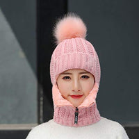 JJSPP Women Knitted Hat Ski Hat Sets for Female Windproof Winter Outdoor Knit Warm Thick Siamese Scarf Collar Warm Hat Girl Gift (Color : Pink)