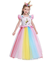 HIHCBF Girls Unicorn Costume Princess Rainbow Party Dress Wedding Birthday Pageant Christmas Long Maxi Tulle Gown w/Headband 4-5T