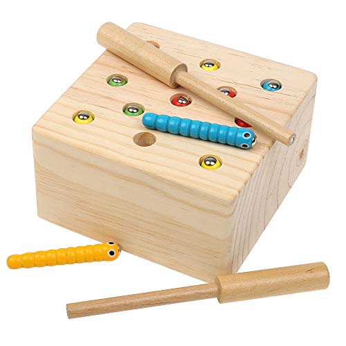 Boxiki kids Wooden Montessori Toys for Babies, Toddlers & Kids, Fine Motor Skills, Magnetic Worm Game for 1 2 3 4 Years Old