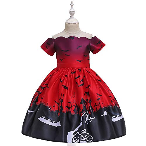 Quenny one Shoulder Performance Dress,Halloween Pumpkin anf bat Printed Princess Dress with hat.3 Pieces. (Small) Red