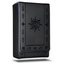 Load image into Gallery viewer, Luck Lab Leather Tarot Card Case/Holder - Black - For Most Standard Size Tarot Cards (Fits Deck size with Box measuring 4.875 x 2.875 x 1.25)- Sun Design
