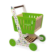 Load image into Gallery viewer, Janod Green Market Wooden Shopping Trolley - Push Cart Buggy with Toy Grocery Accessories  Creative, Imaginative, and Developmental Role Play  Fun Approach to Learning  Ages 18 Months+
