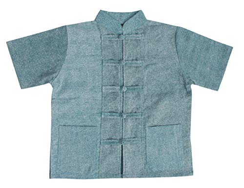 RaanPahMuang Childrens Formal Chinese Collar Short Sleeve Shirt Mixed Soft Cottons, 8-10 Years, Stonewashed - Teal Green