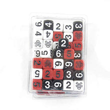 Load image into Gallery viewer, White Black and Red Opaque Assorted Skull Dice D6 16mm (5/8in) Set of 100 Wondertrail
