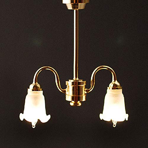 Melody Jane Dollhouse 2 Arm Chandelier Frosted Tulip Shades Down 12V Electric Lighting