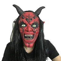 JQWGYGEFQD Halloween Long Hair Red Face Horn Mask Horror Devil Scary Head Red Face Black Mask Halloween Party Rubber Latex Animal mask, Novel Ha
