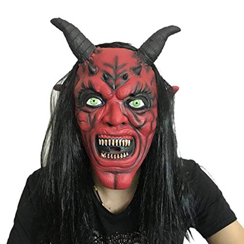 JQWGYGEFQD Halloween Long Hair Red Face Horn Mask Horror Devil Scary Head Red Face Black Mask Halloween Party Rubber Latex Animal mask, Novel Ha
