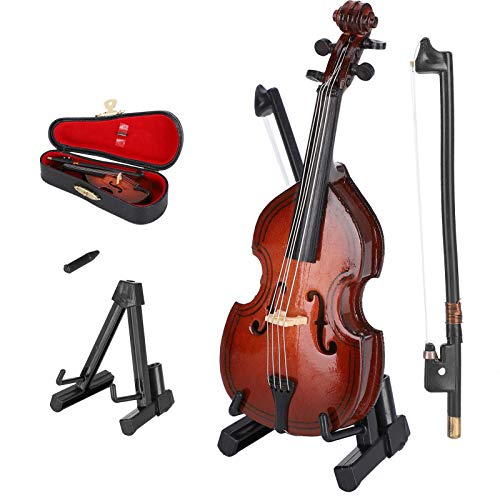 10cm Wooden Miniature Bass Ornament with Stand, Bow and Case, Mini Replica Musical Instrument Collectible Miniature Dollhouse Model