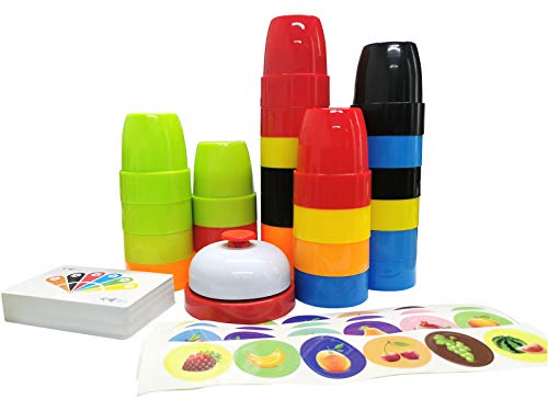 Quick Cups Games for Kids,Speed Stacks Cup Game for Family,24 Cups in 6 Colors,24 Stickers,1 Bells,54 Word and Color Education Challenges Cards,Classic Quick Stacks Set for Boys, Girls, Teens, Adults