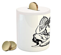 Ambesonne Zodiac Virgo Piggy Bank, Young Woman with Angel Wings Monochrome Tattoo Art Design, Printed Ceramic Coin Bank Money Box for Cash Saving, Black and White