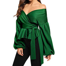 Load image into Gallery viewer, WYTong Off Shoulder Tie Waist Wrap Tops For Women Fashion Long Sleeve Strapless V-Neck Belt Bandage Shirt(Green,L)

