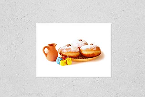 KwikMedia Poster Reproduction of Image of Jewish Holiday Hanukkah with Donuts, Traditional Chocolate Coins and Wooden Dreidels (Spinning top). Isolated on White