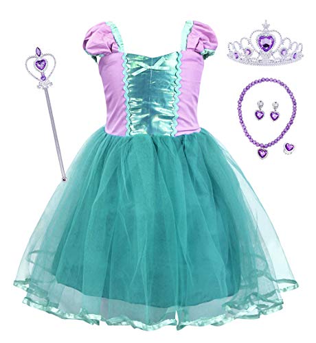 HenzWorld Little Girl Mermaid Dresses Costume Princess Dress up Cosplay Birthday Party Outfits Tulle Tutu Skirt Accessories Jewelry Children Age 7-8 Years