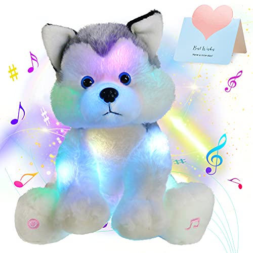 Houwsbaby Light Up Musical Stuffed Animal Husky Singing LED Dog Glowing Plush Toy Lullaby Animated Soothe Birthday for Kids Toddler Girls, Gray, 11''