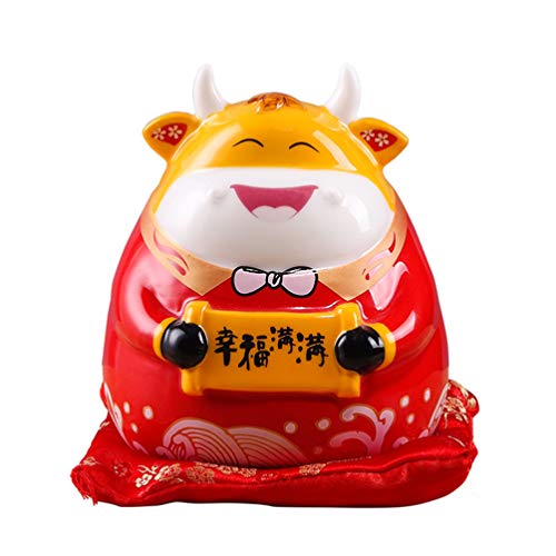 VOSAREA Cow Bank Kids Piggy Bank Decorative Ox Year Money Coin Bank Animal Saving Box Ceramic Cattle Calf Statue Fengshui Ornament for 2021 Chinese New Year Zodiac Present Souvenir