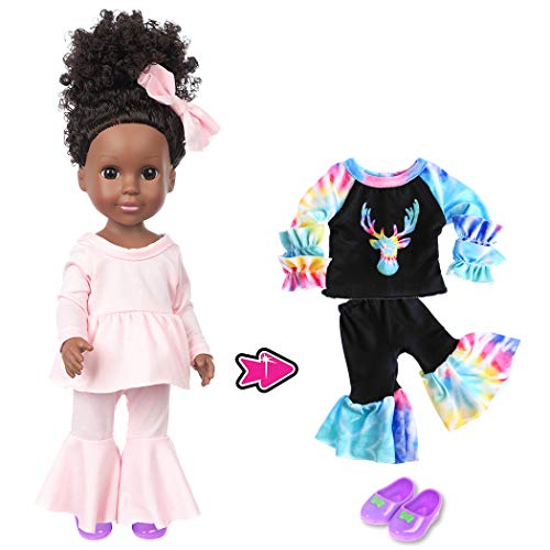 One-Piece 14.5 inch Black Girl African-American Washable Realistic Silicone Baby Doll with 2sets Clothes and One-Pair Shoes