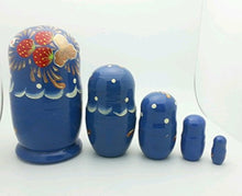 Load image into Gallery viewer, Russian Traditional Blue Matryoshka Hand Painted Nesting Set of 5 Dolls / 5&quot; Tall
