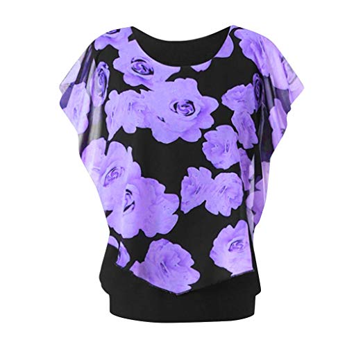 BODOAO Women's Plus Size Shirt Round Neck Print Top Blouse Double Layer T-Shirt Purple