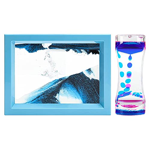 Moving Sand Art Picture and Liquid Motion Bubbler for Sensory Play Calm Stress Relief Fidget Toy ADHD Anxiety Autism Activity for Children Kid Adult Home Office Desk Decor Birthday Blue