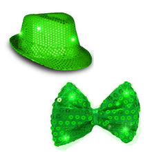 Load image into Gallery viewer, blinkee Bundle Light Up Flashing Fedora and Bow Tie with Green Sequins for St. Patrick&#39;s Day
