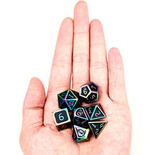 Load image into Gallery viewer, Dungeons and Dragons Metal Dice Set DND 7Pieces Solid Dice with Gift Dice Bag for D&amp;D Pathfinder Roll Playing Games Dice Board Game Player-Rainbow Number with Black
