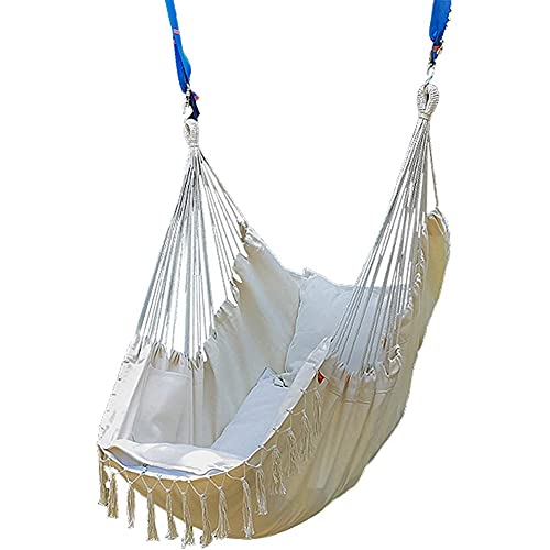 JTYX Hammock Swing Chair Hanging Rope Hanging Chair with 2 Cushions Tassel Swing Seat with Pocket for Indoor, Outdoor, Garden, Balcony Swing Maximum Load 150kg