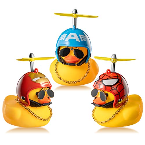 Haooryx 3 Pack Rubber Duck Toys Car Ornaments Helmet Yellow Duck Car Dashboard Decorations Set, Superhero Series Rubber Ducks with Propellers Helmet, Sunglasses, Gold Chain for Adults, Kids Gift