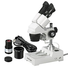 Load image into Gallery viewer, AmScope SE304-PZ-E2 Digital Binocular Stereo Microscope, WF10x and WF20x Eyepieces, 20X/40X/80X Magnification, 2X and 4X Objectives, Tungsten Lighting, Reversible Black/White Stage Plate, Pillar Stand
