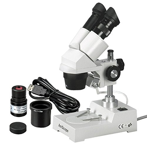 AmScope SE304-PZ-E2 Digital Binocular Stereo Microscope, WF10x and WF20x Eyepieces, 20X/40X/80X Magnification, 2X and 4X Objectives, Tungsten Lighting, Reversible Black/White Stage Plate, Pillar Stand