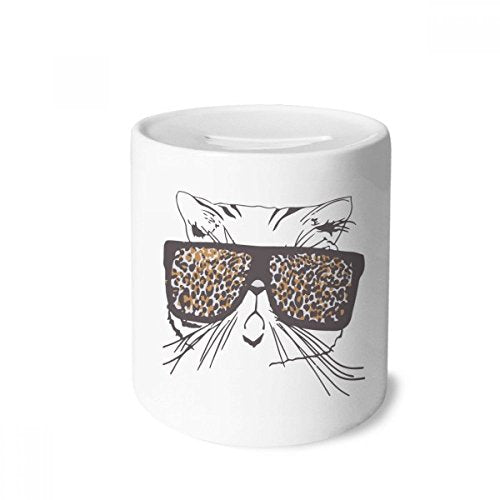 DIYthinker Leopard Print Sunglass Cat Head Animal Money Box Ceramic Coin Case Piggy Bank Gift