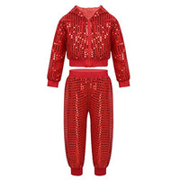 Agoky Children Girls Sequins Hip Hop Modern Jazz Street Dance Costume Outfit Kids Stage Performances Clothes Red Hooded Set 10-12