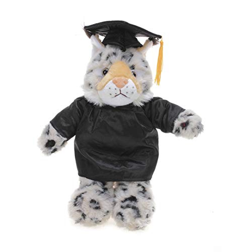 Plushland Bobcat Plush Stuffed Animal Toys Present Gifts for Graduation Day, Personalized Text, Name or Your School Logo on Gown, Best for Any Grad School Kids 12 Inches(Black Cap and Gown)