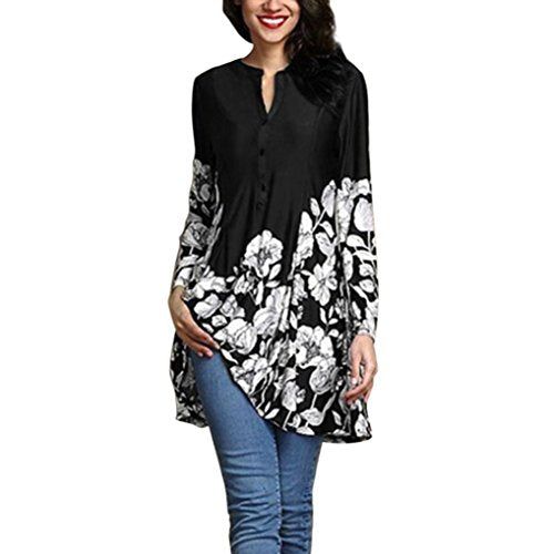 Clearance Autumn Tops,iLH Women's Plus Size Floral Print Button Tops Retro V-Neck Long Sleeve TShirt Dress (Black, XL)