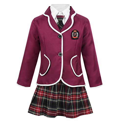 JEEYJOO Girls Anime Cosplay Costume School Uniform Outfits Long Sleeve Jacket Shirt Tie Skirt Set Burgundy 4-5