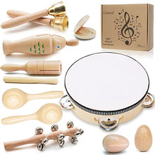 Load image into Gallery viewer, Toddler Wooden Musical Instruments Kids Drum Set Toy Tambourine Maracas,Rattle, Music Shaker, Stick Bells, Baby Musical Toys Kit with Storage Bag
