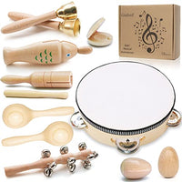 Toddler Wooden Musical Instruments Kids Drum Set Toy Tambourine Maracas,Rattle, Music Shaker, Stick Bells, Baby Musical Toys Kit with Storage Bag