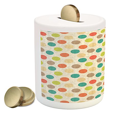 Ambesonne Retro Piggy Bank, Colorful Pattern with Striped Circles on Grungy Background Funky Abstract and Spotty, Printed Ceramic Coin Bank Money Box for Cash Saving, Multicolor