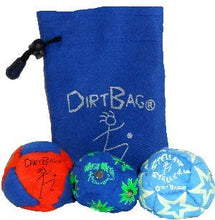 Load image into Gallery viewer, Dirtbag All Star Footbag Hacky Sack 3 Pack with Pouch, 100% Handmade, Premium Quality, Bright Vivid Colors, Signature Carry Bag - Orange/Blue/Blue
