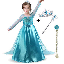 Load image into Gallery viewer, Snow Queen Girls Party Dress Costume with Accessories Princess Dress up Wig Crown and Wand,for Kids 3-8years (blue, 140cm/6-7Y)
