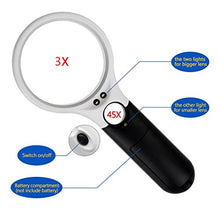 Load image into Gallery viewer, obmwang 3 LED Light 3X 45x Handheld Magnifier Illuminated Reading Magnifying Glass Lens Jewelry Loupe Ideal for Reading, Crafts, Hobby, Black and White Stitching
