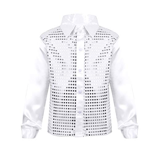 YiZYiF Little Big Boys' Long Sleeve Sparkly Sequins Button-Down Shirt Hip Hop Jazz Dance Performance Costumes White 12-14