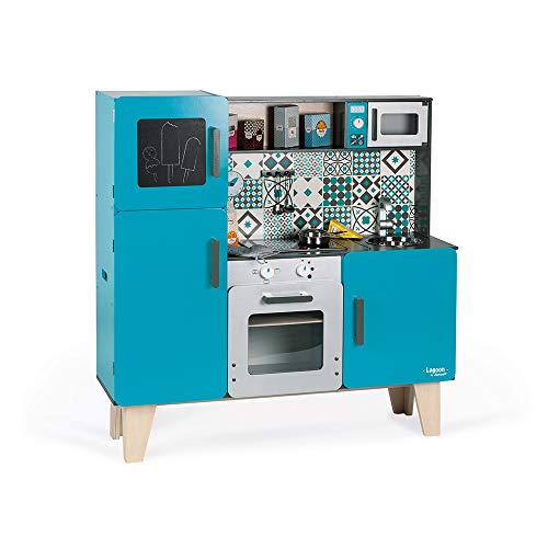 Janod Lagoon Maxi Cooker Aqua 34 Tall Wooden Kitchen Playset Toy with 15 Accessories & Sound & Light Effects for Imagination Play - Ages 3+, one Color (J06555)