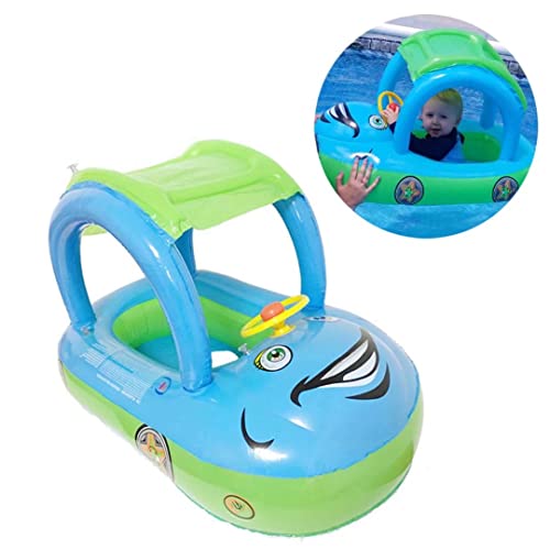 Baby Pool Float with Canopy Summer Steering Wheel Sunshade Swim Ring Car Inflatable Toys Infants Float Seat Boat for Kids Toddlers (Color Blue)