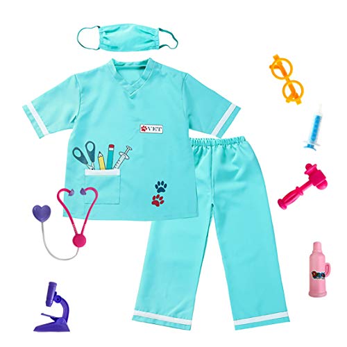 lontakids Kids Animal Doctor Role Play Costume Veterinarian Pretend Play Dress Up Set with Medical Kit (3-6 Years, Light green)
