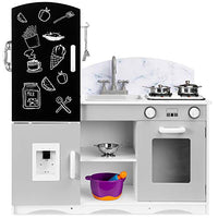 Best Choice Products Wooden Pretend Play Kitchen Toy Set for Kids w/ Chalkboard, Marble Backdrop, Realistic Design, Sounds, 7 Accessories Included - Gray