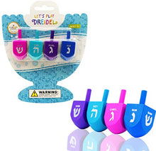 Load image into Gallery viewer, Let&#39;s Play Dreidel The Hanukkah Game 4 Multi Solid Colored Hand Painted Wooden Dreidels - Instructions Included! - D-4C
