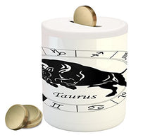 Load image into Gallery viewer, Ambesonne Zodiac Taurus Piggy Bank, Mythological Ox Jumping Silhouette in a Zodiac Wheel with 12 Signs, Printed Ceramic Coin Bank Money Box for Cash Saving, Black and White

