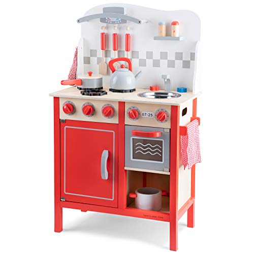 New Classic Toys Red Wooden Pretend Play Toy Kitchen for Kids with Role Play Bon Appetit Included Accesoires